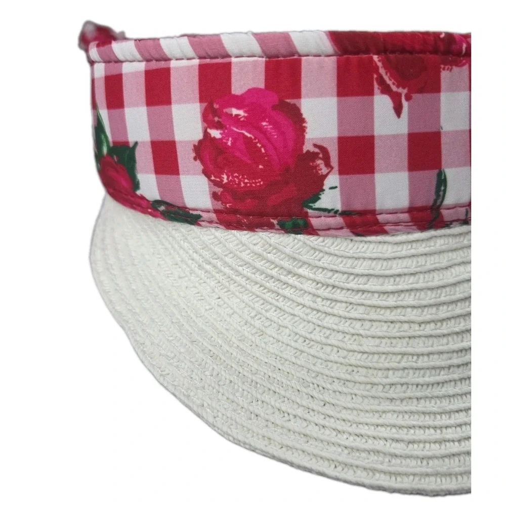 Betsey Johnson Gingham Rose Straw Sun Visor Hat Tie Back Bow Cottagecore Summer